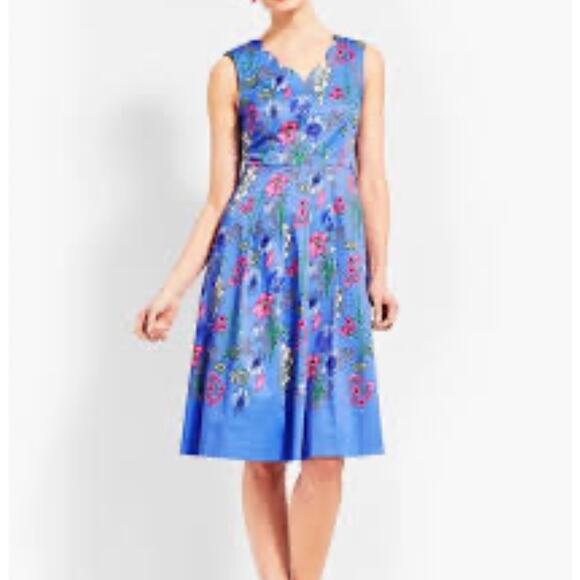 Talbots Dress Womens 12 Blue Floral Fit & Flare + Pockets Coastal Midi Zip Up - Picture 2 of 10